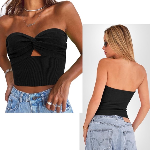 Tube Tops Going Out Cut Out Twist Knot Front Bandeau Ribbed Knit Y2K Strapless L - Picture 3 of 16